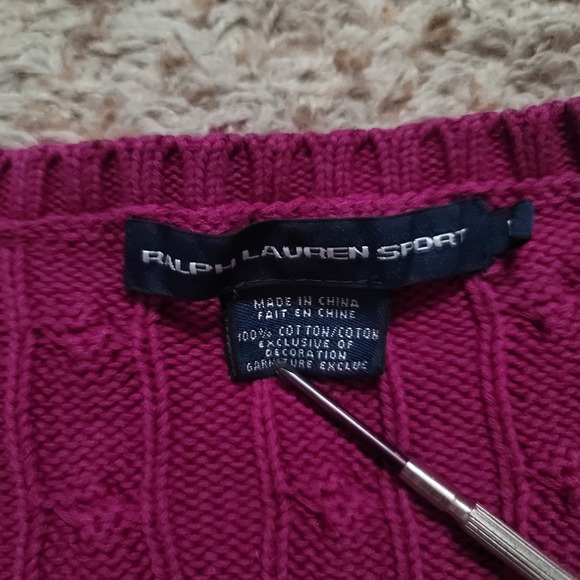 Ralph Lauren Sport Cable Knit Sweater Womens L Magenta Pink V-Neck Cotton - Picture 3 of 7